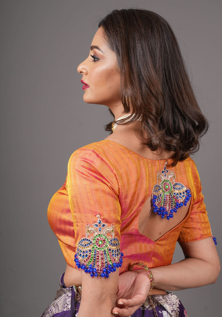 Kesari Mustard Pure Kanjivaram silk blouse with Berunda Hand Kundanwork , Made to Order