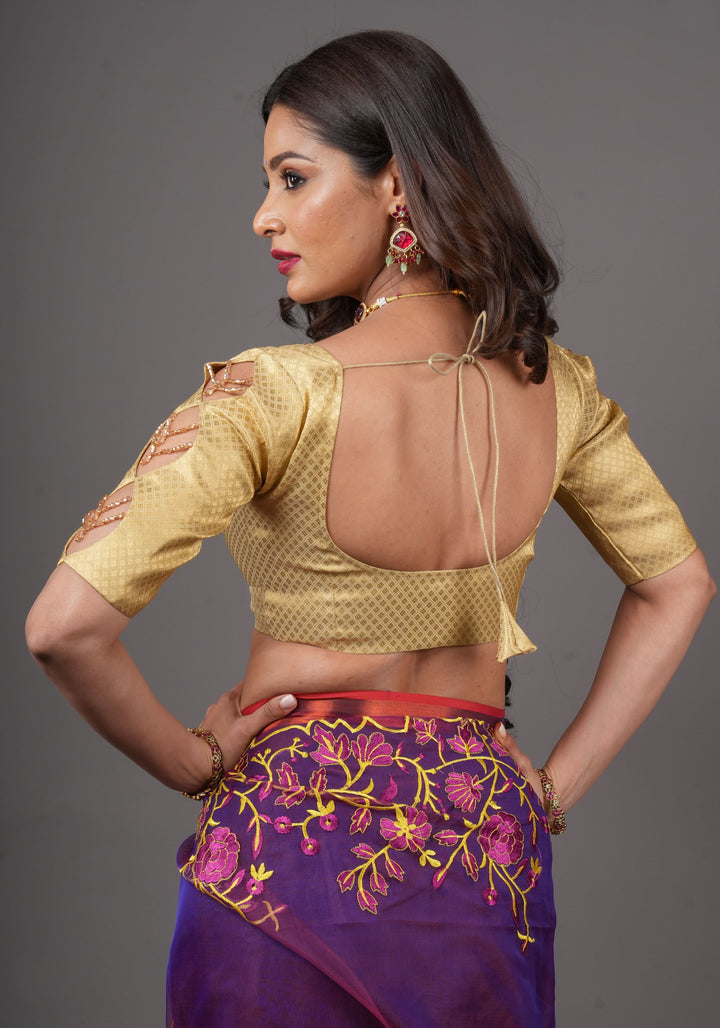 Golden blouse with cutout in sleeves and crystal detailing , Made to Order