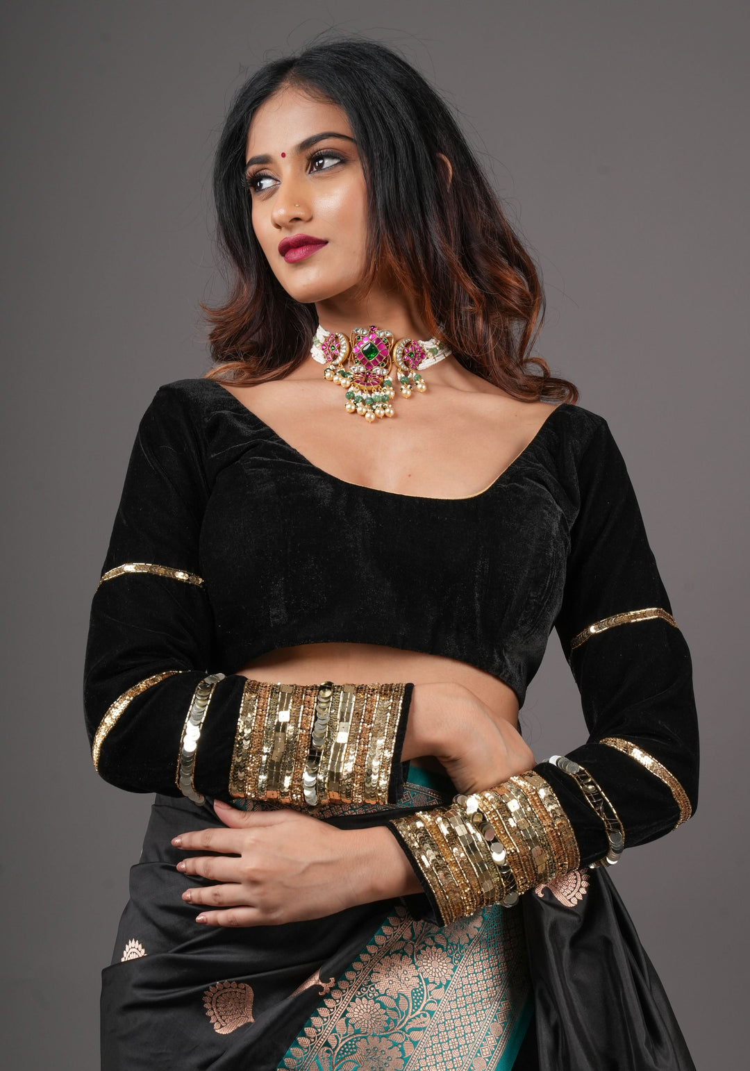 Black velvet with sequin handwork cuff Blouse, rounded V neckline,  Made to Order