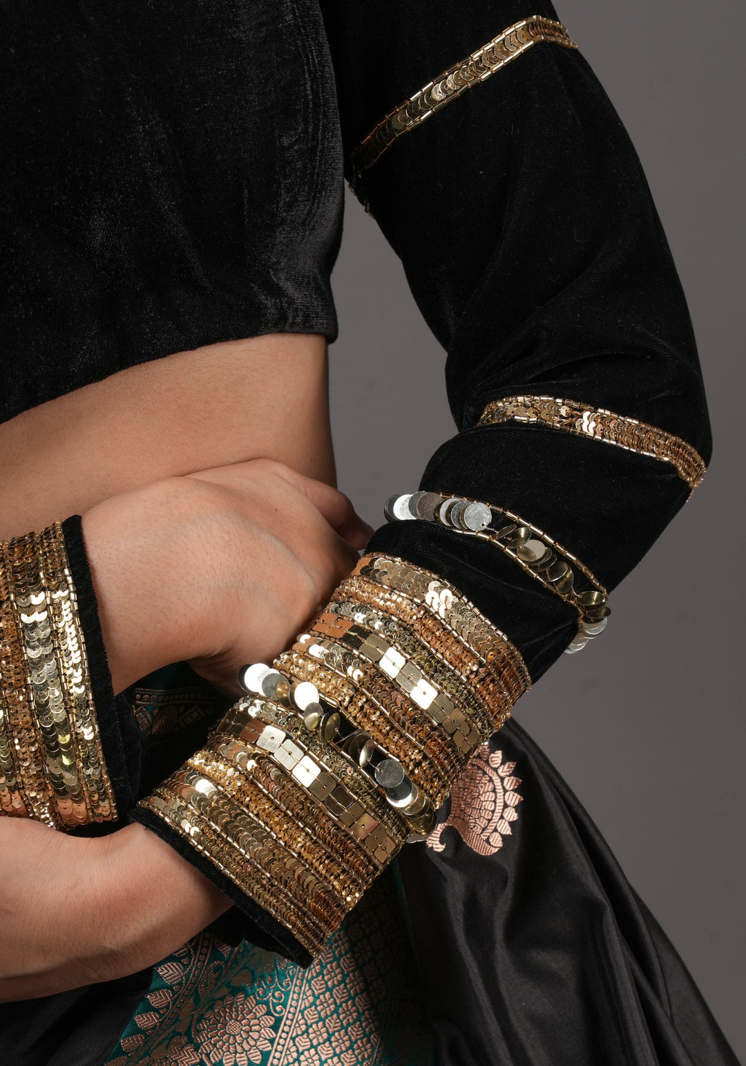 Black velvet with sequin handwork cuff Blouse, rounded V neckline,  Made to Order