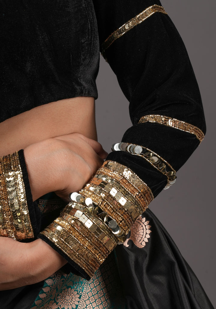 Black velvet with sequin handwork cuff Blouse, rounded V neckline,  Made to Order
