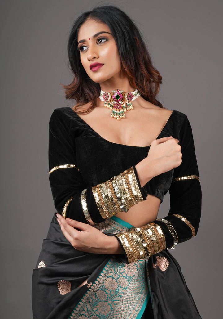 Black velvet with sequin handwork cuff Blouse, rounded V neckline,  Made to Order