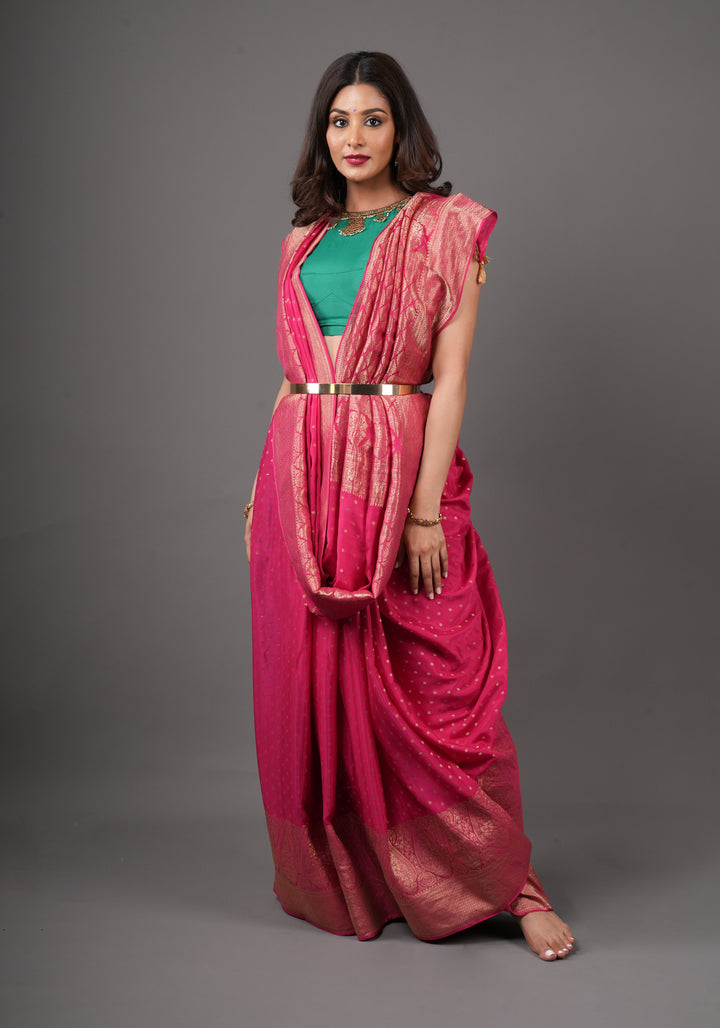 Preorder : Raspberry Pure Mysore Crepe Silk Saree with Paisley Skirt Border  | SILK MARK CERTIFIED