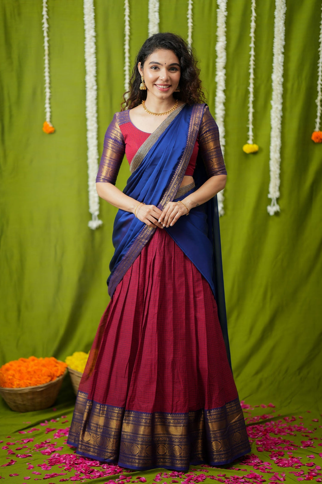 Esha Red check Halfsaree (Set of 3) | SHOBITAM