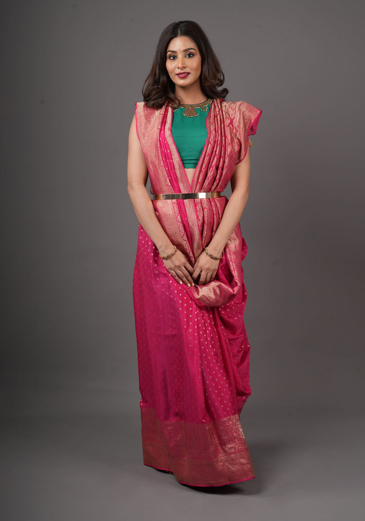 Preorder : Raspberry Pure Mysore Crepe Silk Saree with Paisley Skirt Border  | SILK MARK CERTIFIED