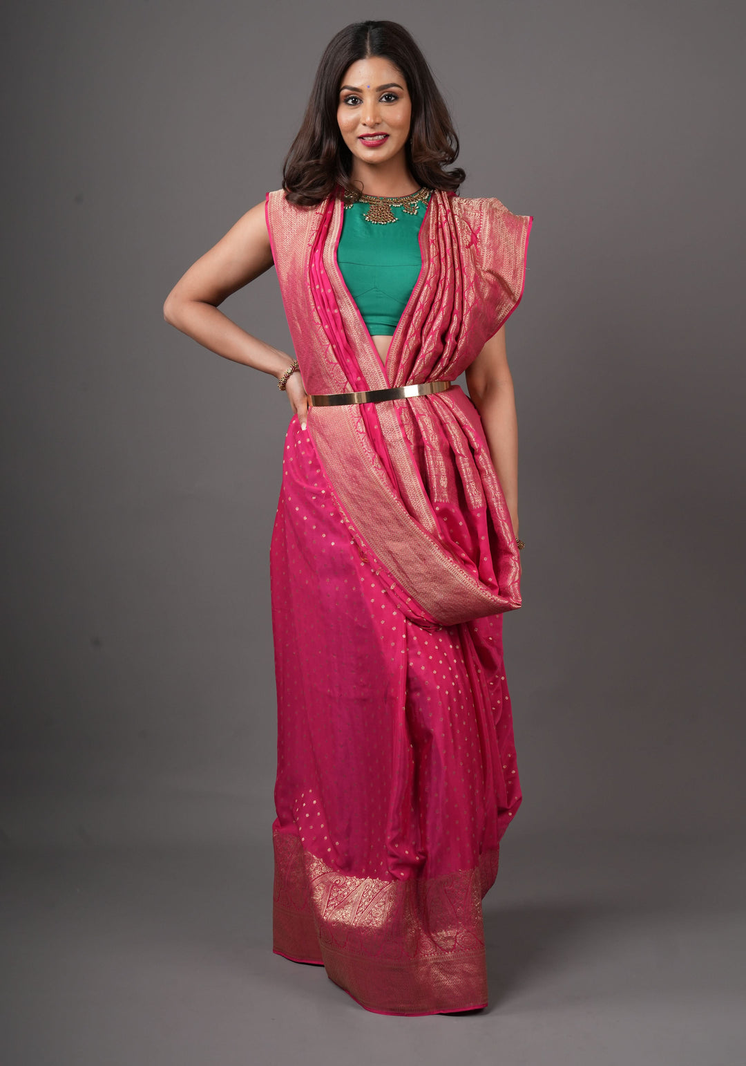 Preorder : Raspberry Pure Mysore Crepe Silk Saree with Paisley Skirt Border  | SILK MARK CERTIFIED