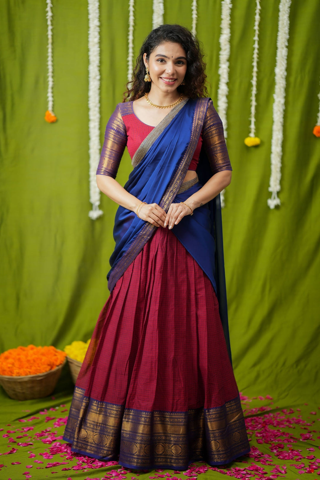 Esha Red check Halfsaree (Set of 3) | SHOBITAM