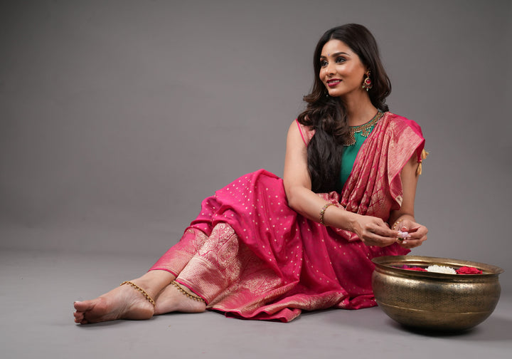 Preorder : Raspberry Pure Mysore Crepe Silk Saree with Paisley Skirt Border  | SILK MARK CERTIFIED