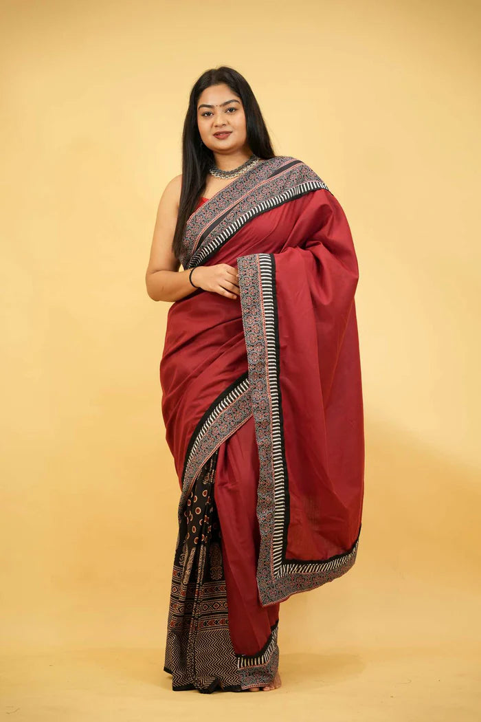 Red & Black Ajrakh Cotton with Rust-Toned Border Ready To Wear Saree