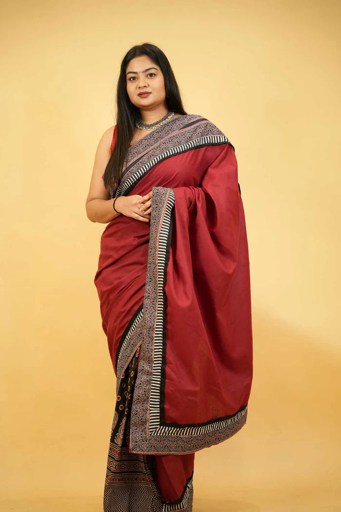 Red & Black Ajrakh Cotton with Rust-Toned Border Ready To Wear Saree