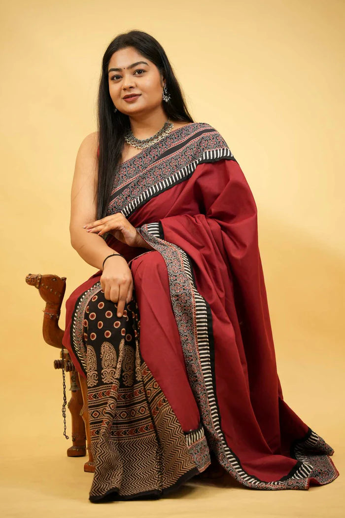 Red & Black Ajrakh Cotton with Rust-Toned Border Ready To Wear Saree