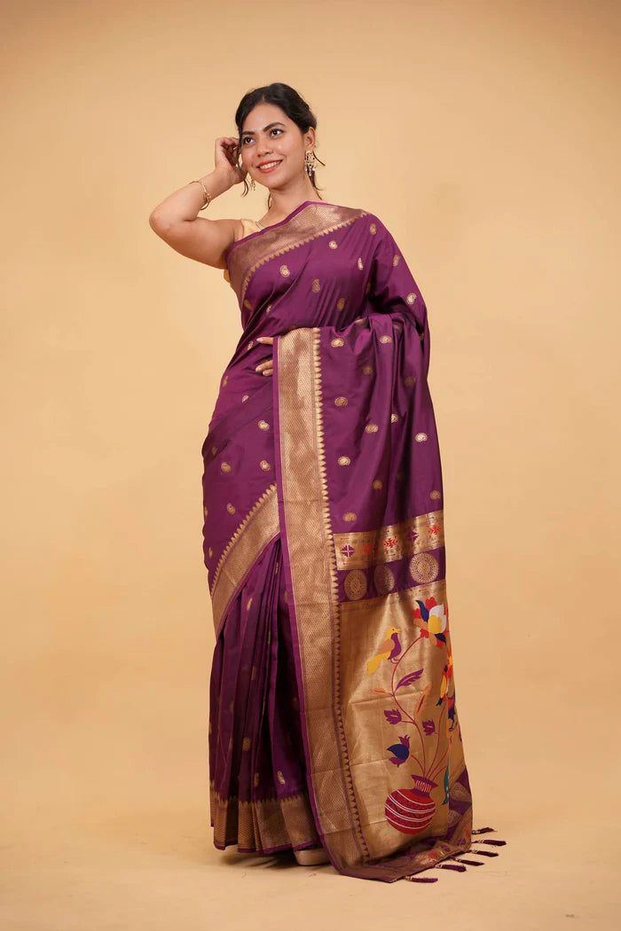 Plum Paithani Silk Saree with golden meenakari inspired woven pallu zari border ready to wear | SILK MARK CERTIFIED