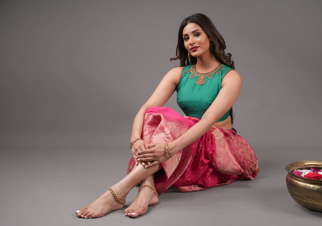 Green  Necklace Design Jadau Ornamental Sleeveless Blouse in Emerald Green Silk , Made to Order