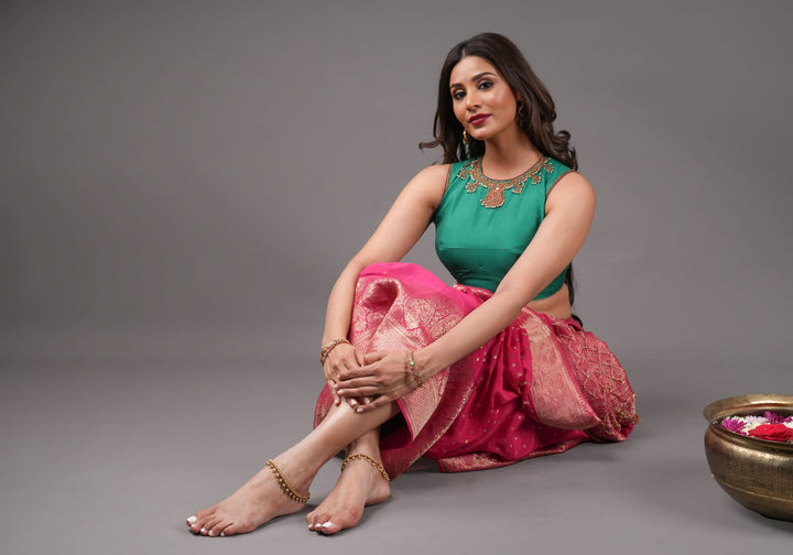 Green  Necklace Design Jadau Ornamental Sleeveless Blouse in Emerald Green Silk , Made to Order