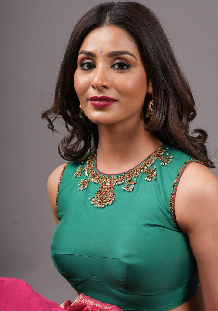 Green  Necklace Design Jadau Ornamental Sleeveless Blouse in Emerald Green Silk , Made to Order