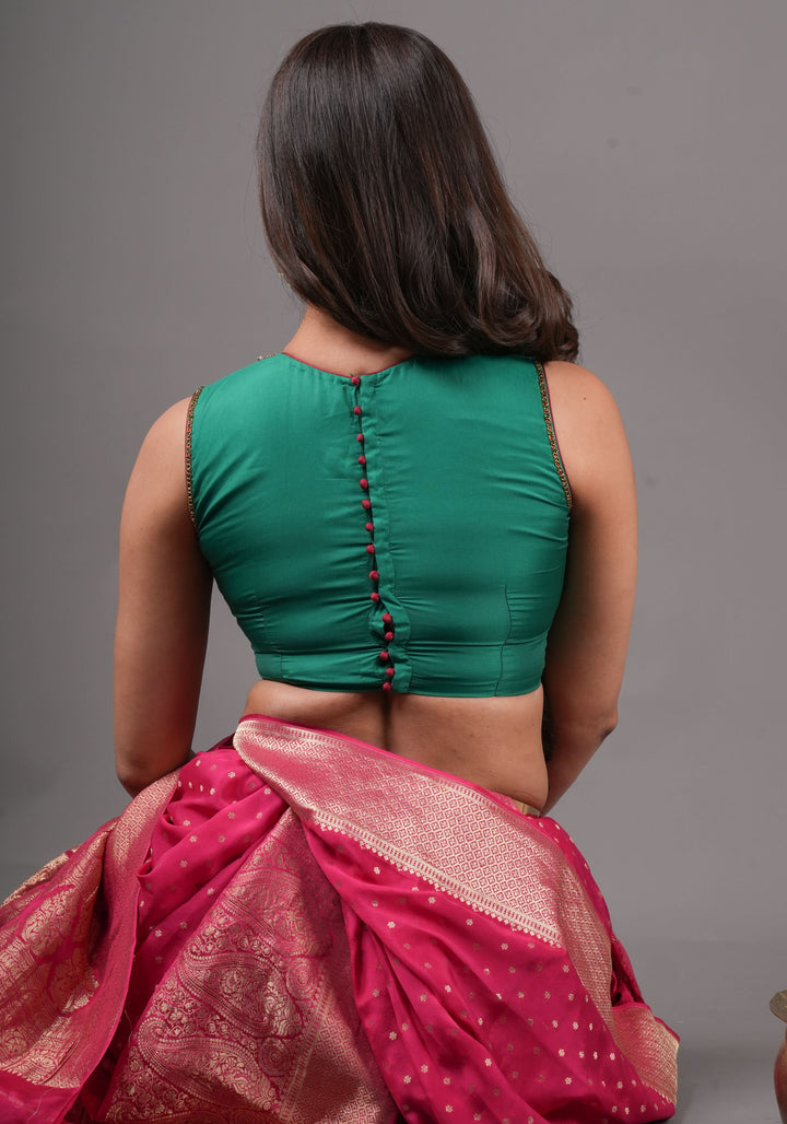 Green  Necklace Design Jadau Ornamental Sleeveless Blouse in Emerald Green Silk , Made to Order