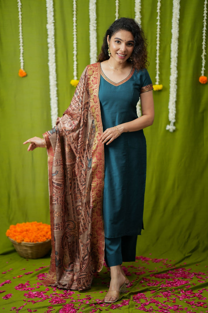 Indra Teal Kurti Set (Set of 3) | Made to Order | SHOBITAM