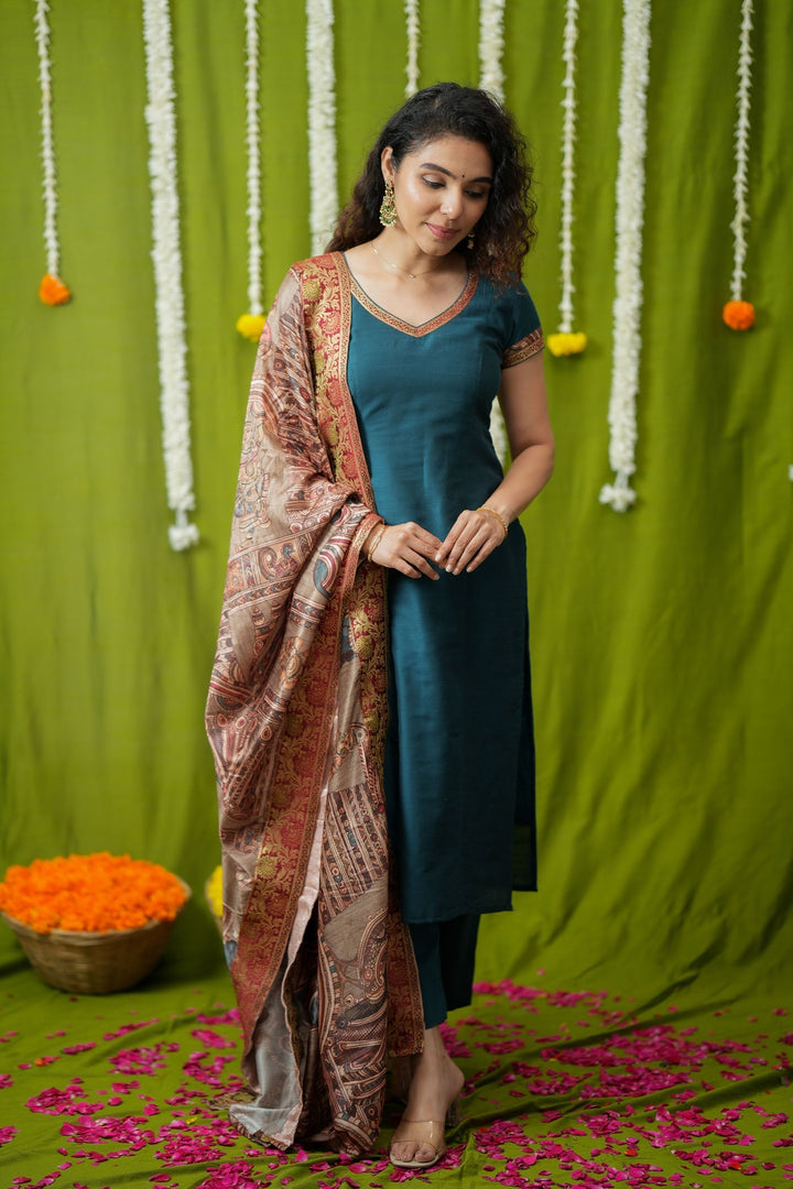 Indra Teal Kurti Set (Set of 3) | Made to Order | SHOBITAM