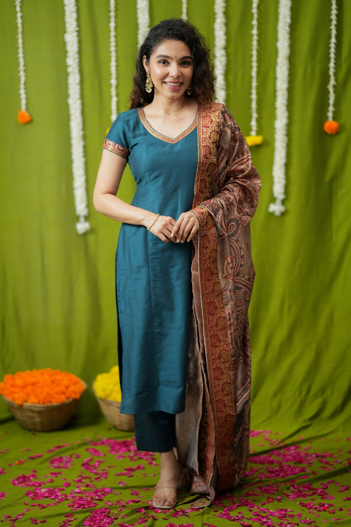 Indra Teal Kurti Set (Set of 3) | Made to Order | SHOBITAM