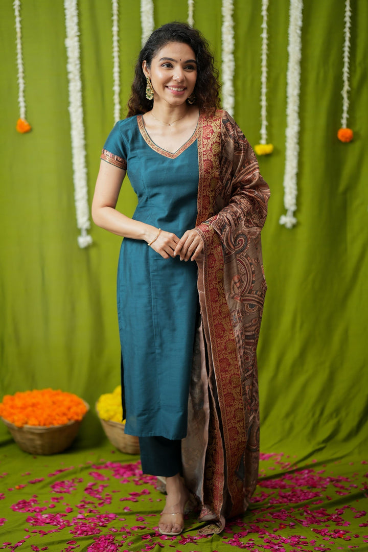 Indra Teal Kurti Set (Set of 3) | Made to Order | SHOBITAM