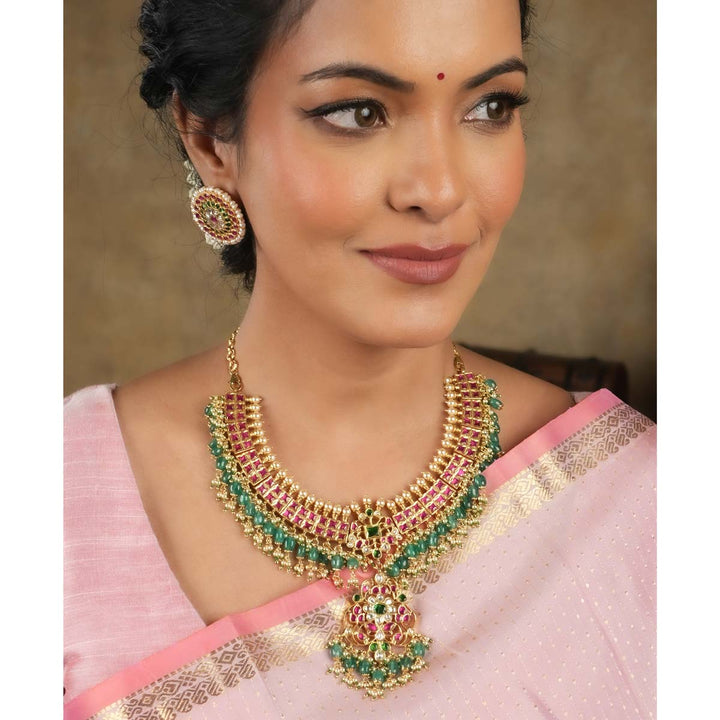 92.5 Silver 24 Ct Gold Plated  Kundan Short Necklace in pink and Green, No Earrings