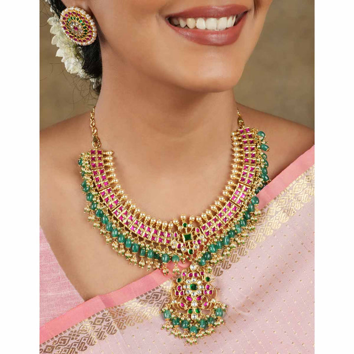 92.5 Silver 24 Ct Gold Plated  Kundan Short Necklace in pink and Green, No Earrings