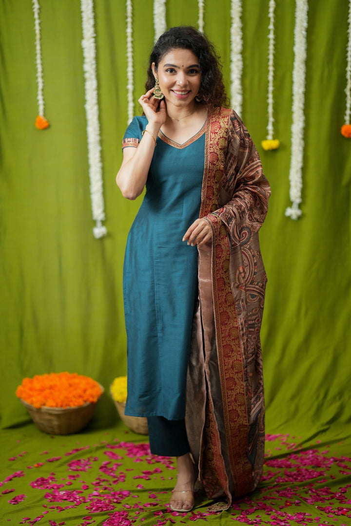 Indra Teal Kurti Set (Set of 3) | Made to Order | SHOBITAM