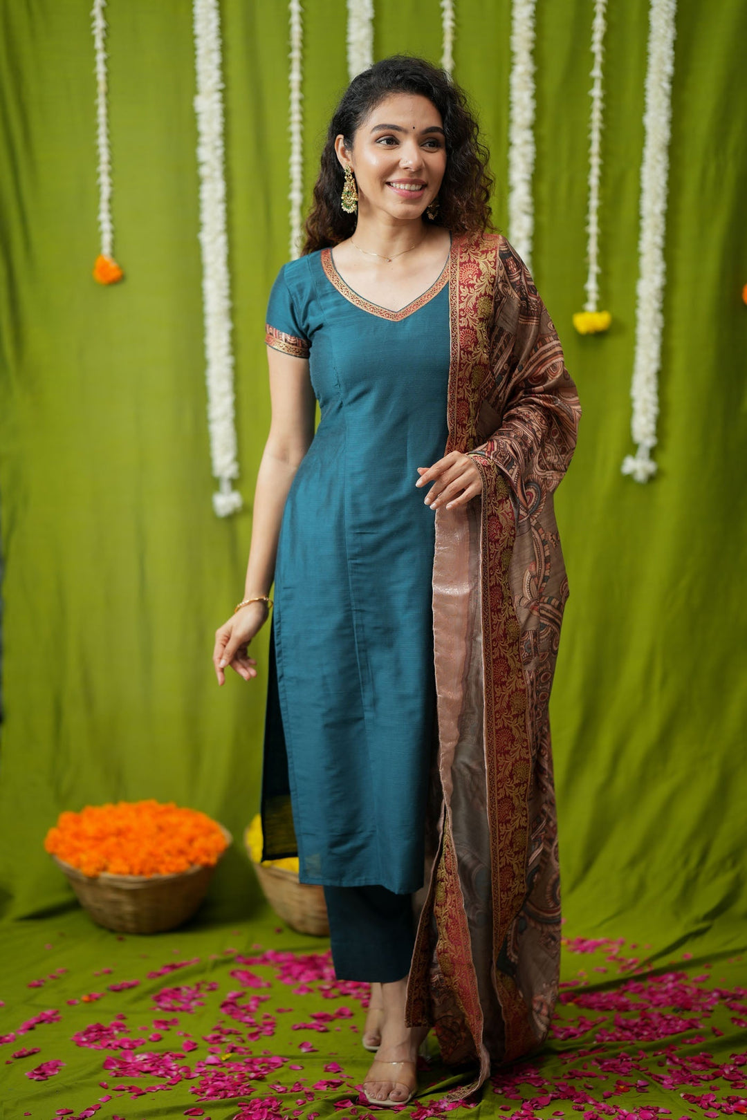 Indra Teal Kurti Set (Set of 3) | Made to Order | SHOBITAM