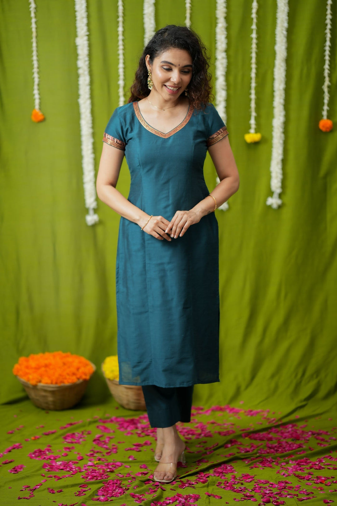 Indra Teal Kurti Set (Set of 3) | Made to Order | SHOBITAM