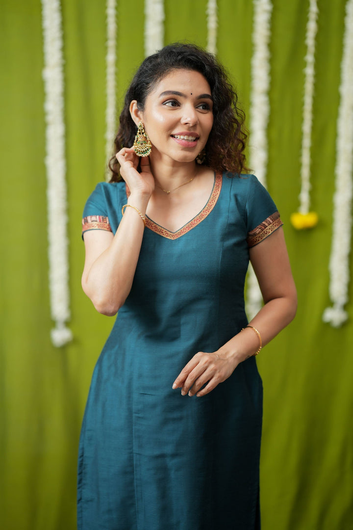 Indra Teal Kurti Set (Set of 3) | Made to Order | SHOBITAM