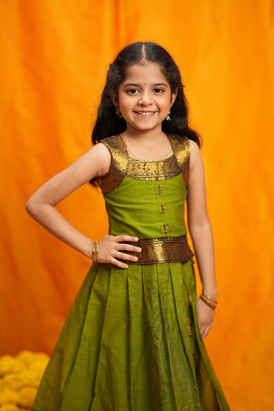 Prisha Olive Green Kids Pattu Pavadai Mini | Made to Order | SHOBITAM