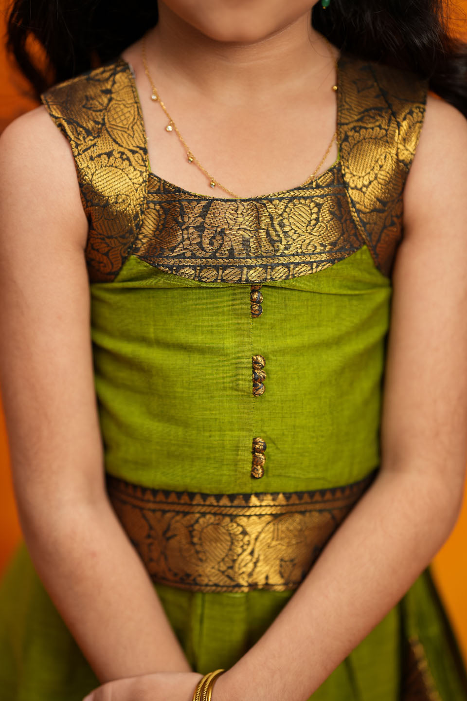 Prisha Olive Green Kids Pattu Pavadai Mini | Made to Order | SHOBITAM