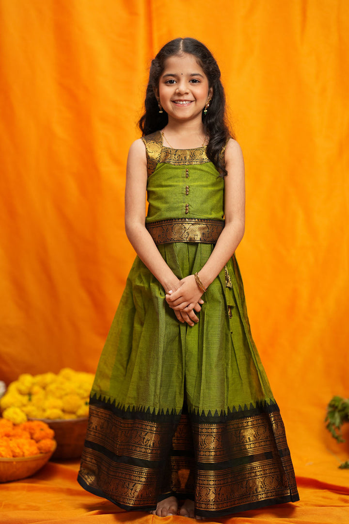 Prisha Olive Green Kids Pattu Pavadai Mini | Made to Order | SHOBITAM