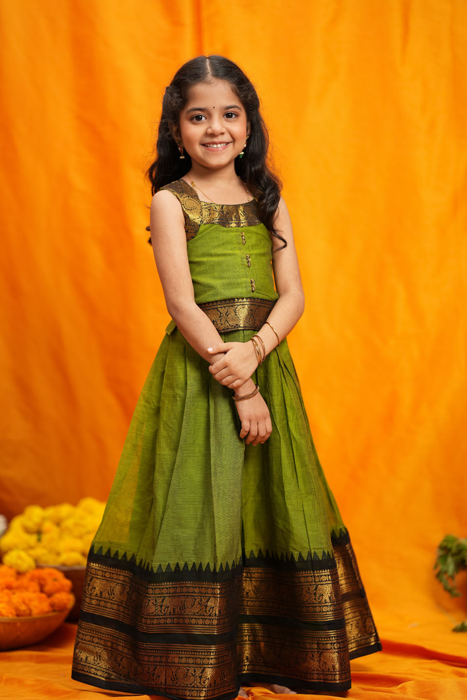 Prisha Olive Green Kids Pattu Pavadai Mini | Made to Order | SHOBITAM