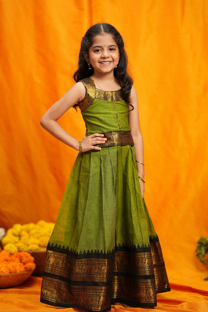 Prisha Olive Green Kids Pattu Pavadai Mini | Made to Order | SHOBITAM