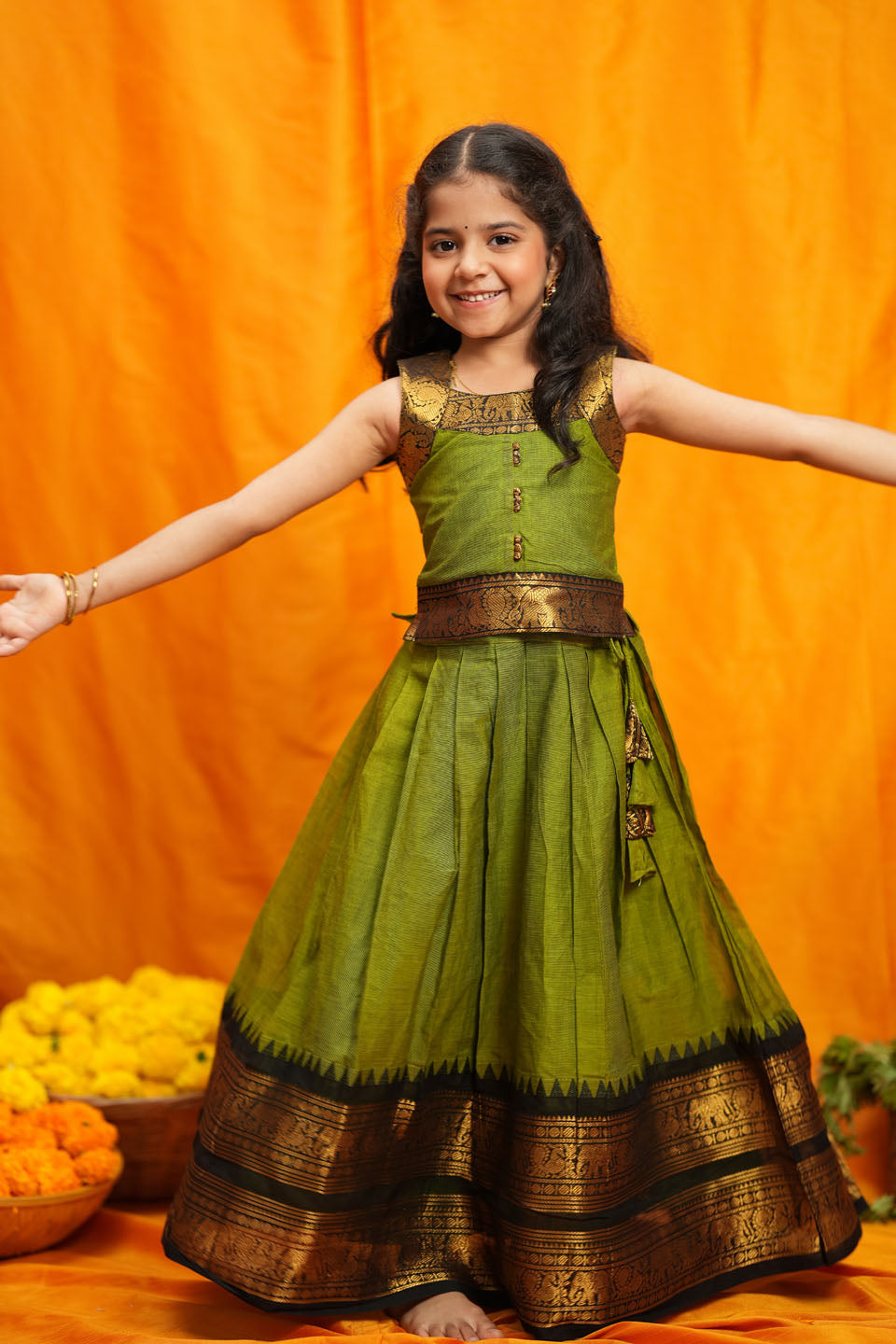 Prisha Olive Green Kids Pattu Pavadai Mini | Made to Order | SHOBITAM