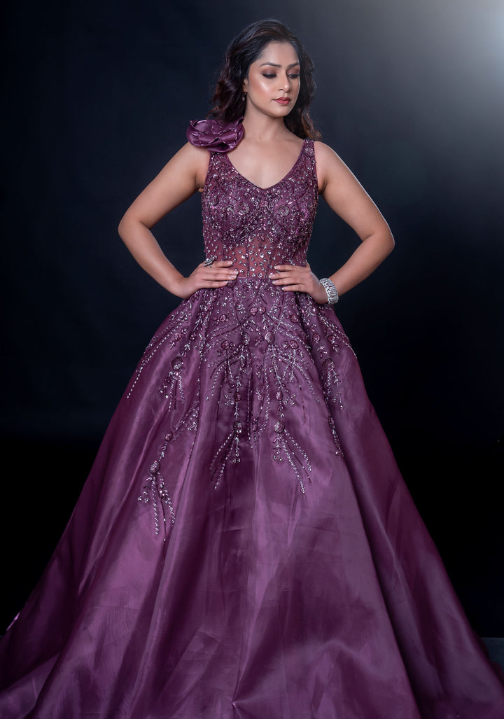 Deep Purple Gown with Embellished Handwork detailing, Customizable, Made to Order