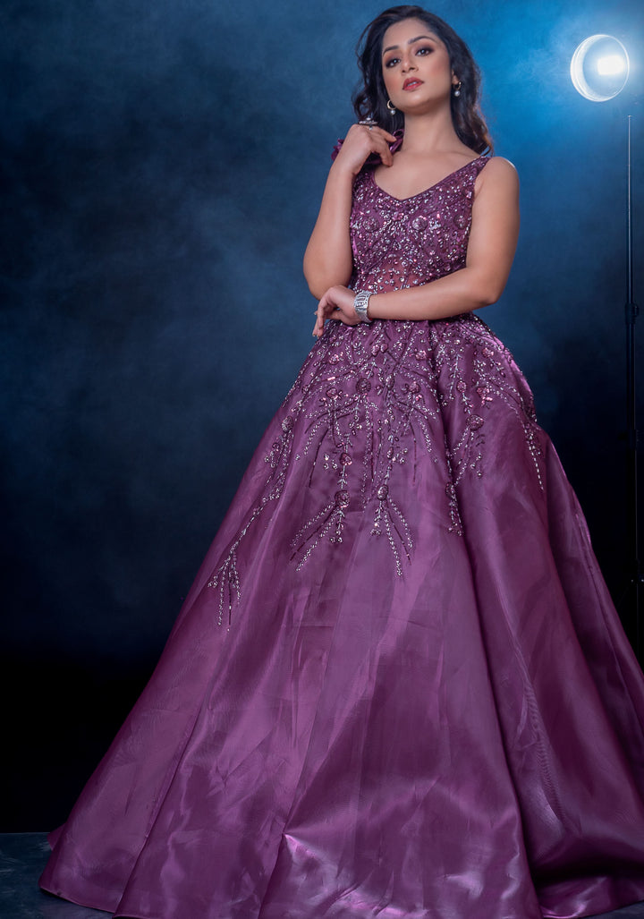 Deep Purple Gown with Embellished Handwork detailing, Customizable, Made to Order