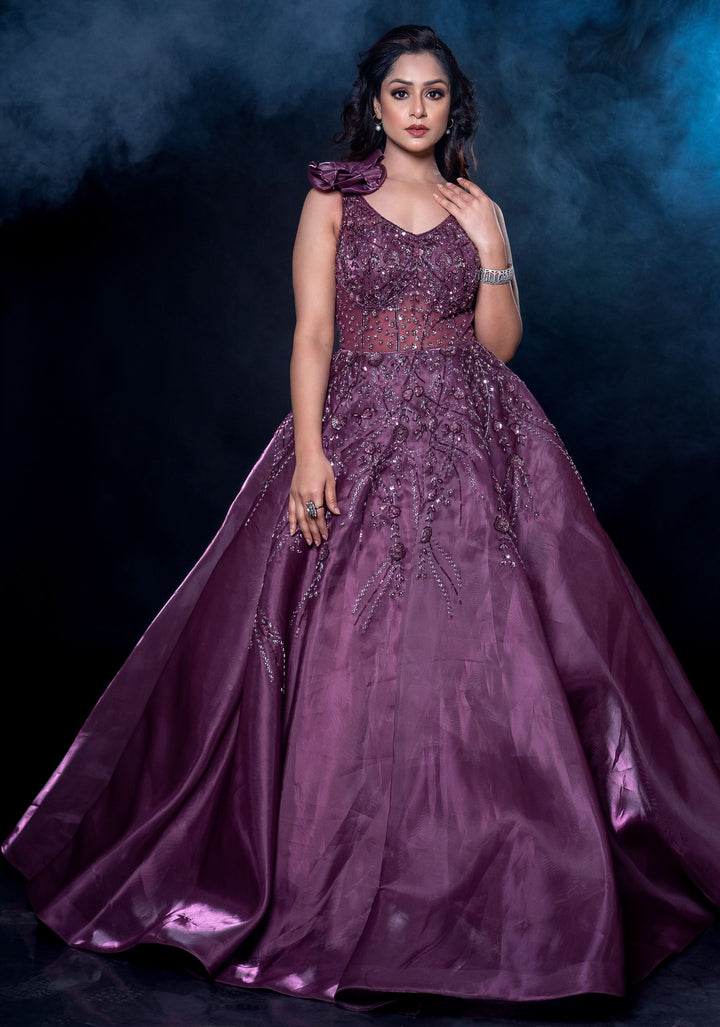 Deep Purple Gown with Embellished Handwork detailing, Customizable, Made to Order