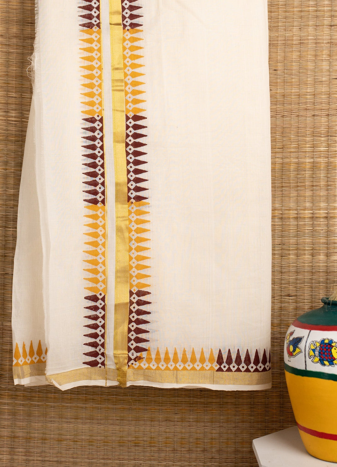 Onam Cotton Handblock Printed Mens Dhoti Taamara | SHOBITAM
