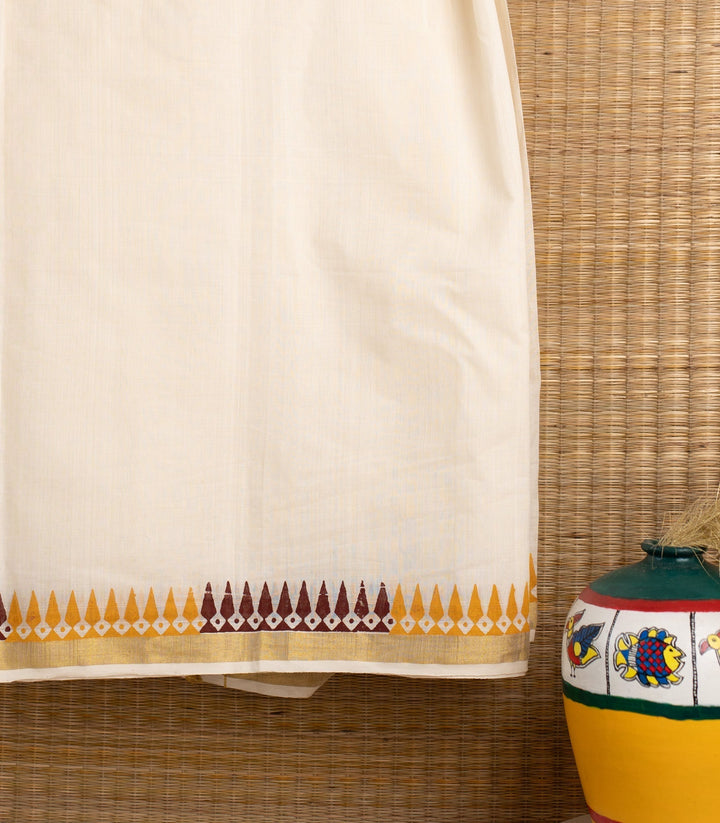 Onam Cotton Handblock Printed Mens Dhoti Taamara | SHOBITAM