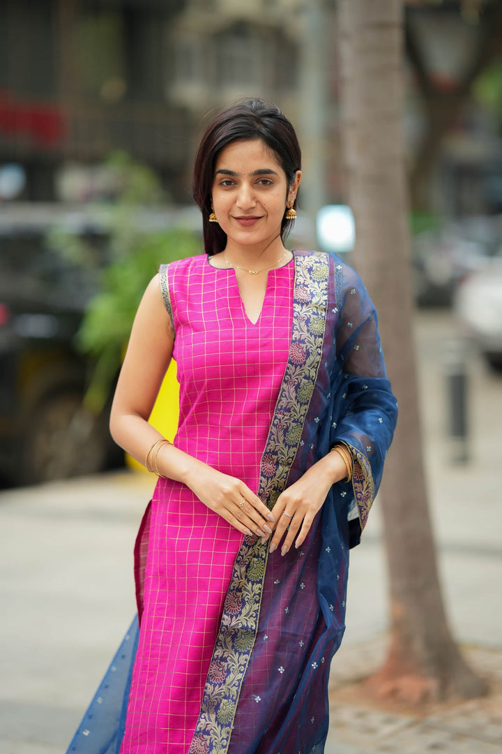 Navya Magenta with Blue Kurti Set (Set of 3) | SHOBITAM