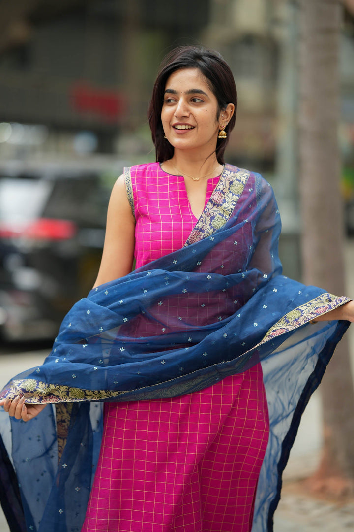 Navya Magenta with Blue Kurti Set (Set of 3) | SHOBITAM