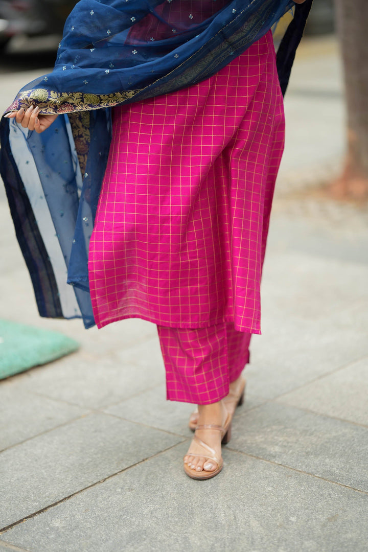 Navya Magenta with Blue Kurti Set (Set of 3) | SHOBITAM