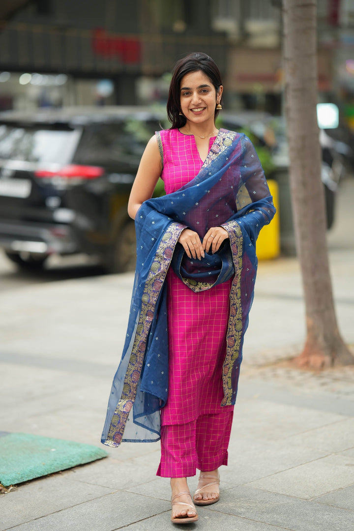 Navya Magenta with Blue Kurti Set (Set of 3) | SHOBITAM