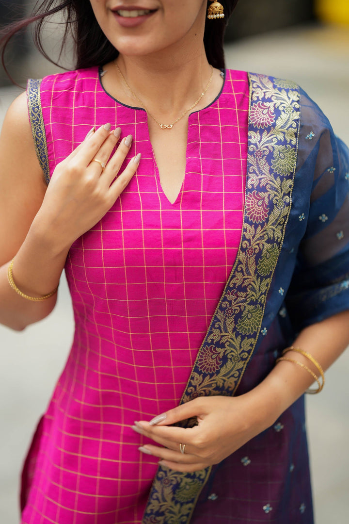 Navya Magenta with Blue Kurti Set (Set of 3) | SHOBITAM
