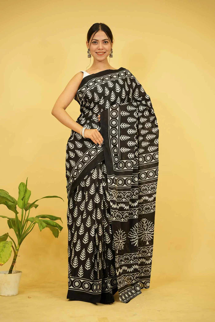 Ready To wear Black Pure Mul Mul Cotton Black saree with Vegetable dye Hand Block print