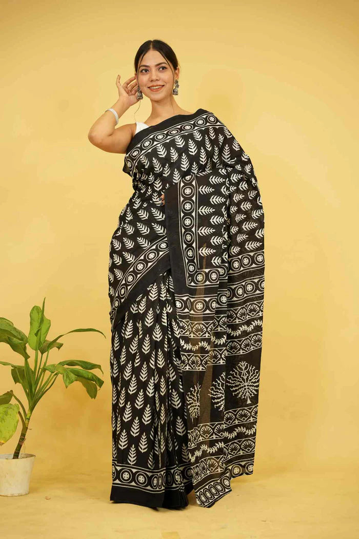 Ready To wear Black Pure Mul Mul Cotton Black saree with Vegetable dye Hand Block print