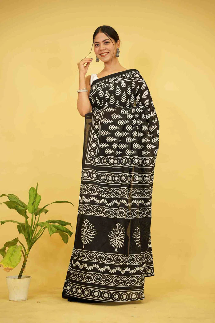 Ready To wear Black Pure Mul Mul Cotton Black saree with Vegetable dye Hand Block print