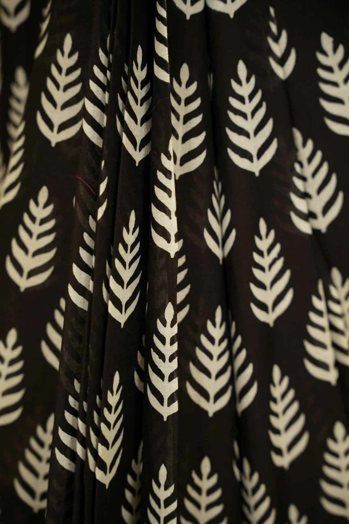 Ready To wear Black Pure Mul Mul Cotton Black saree with Vegetable dye Hand Block print